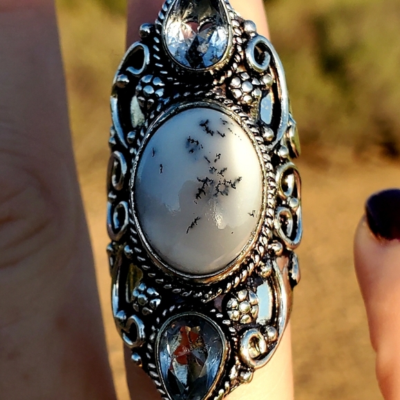 New Dendritic Opal & White Topaz 925 Silver Statement Ring. - Picture 11 of 14